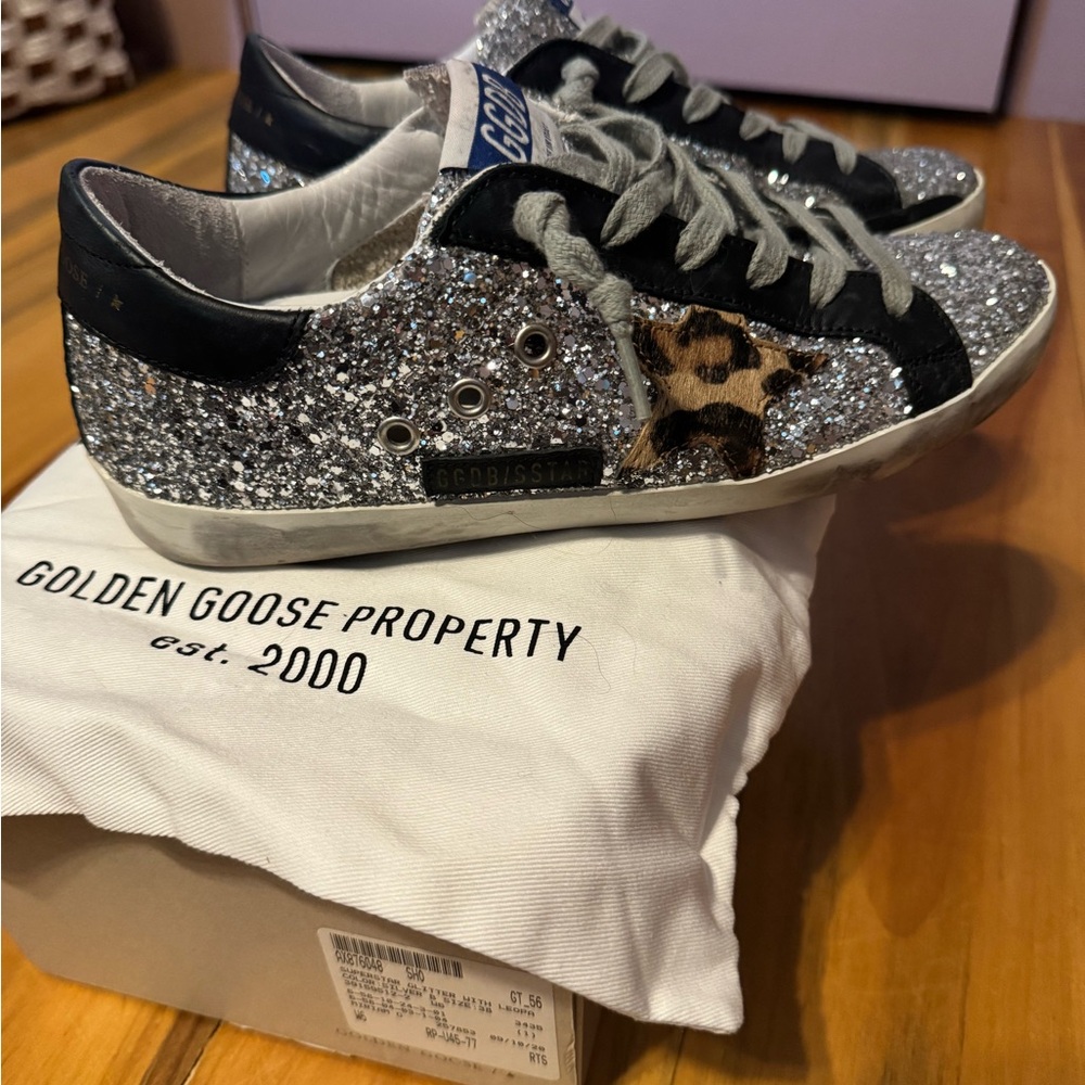 Golden Goose Silver Glitter and Leopard Print Sneakers